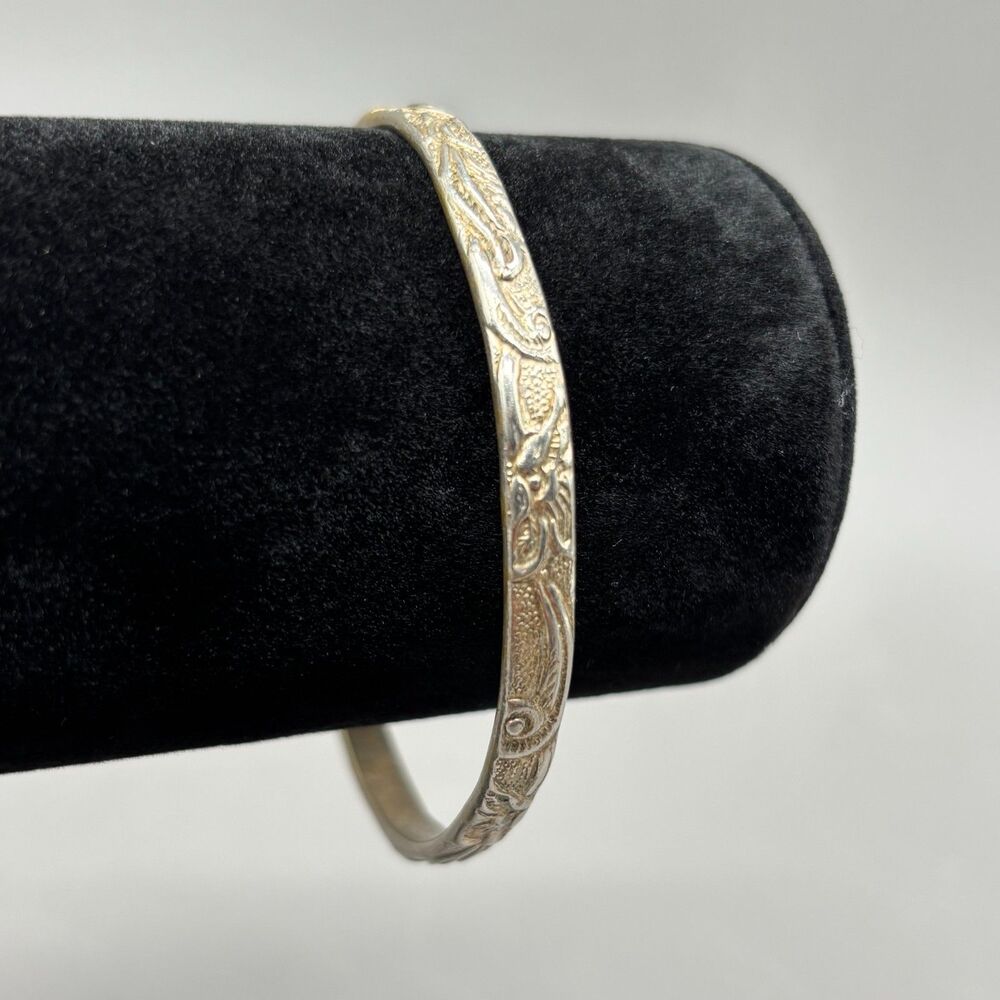 Vintage Taxco Mexico Alpaca Silver Tone Floral Repousse Scroll Bangle Bracelet